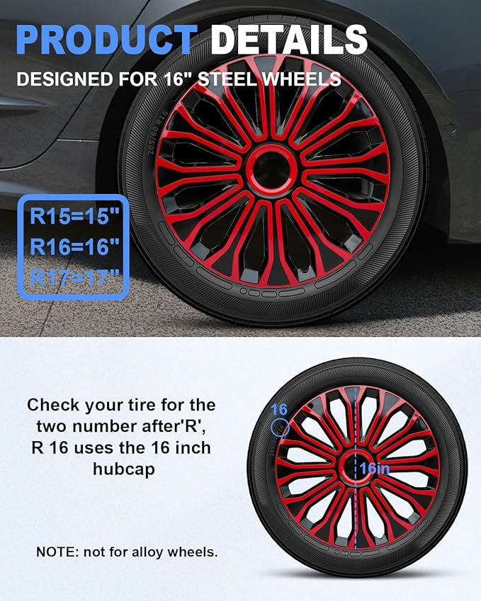 ABX Hubcaps,16 inch hubcaps Set of 4, Wheel Rim Cover ABS Material, Snap On Car Truck SUV Replacement, for Toyota Camry Nissan Mazda etc, Black&Red