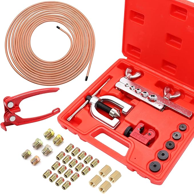 25 ft 3/16inch Copper Coated Brake Line Kit(Includes 24 Fittings and 4 Unions) with Tube Bender and Double & Single Flaring Tool Kit