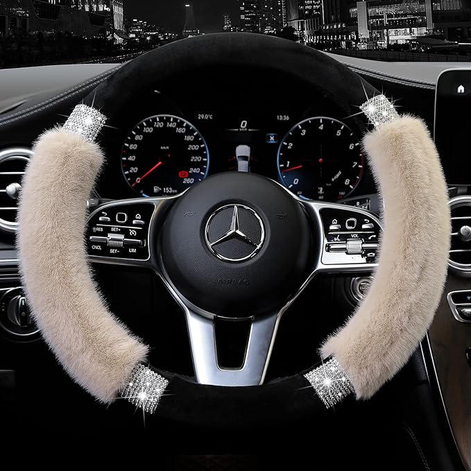 Achiou Steering Wheel Cover, Fluffy, Universal Rhinestone, Comfortable, Non-Slip Luxurious Faux Wool,Bedazzled Car Accessories for Women, Fits for 14.5 to 15 Inch