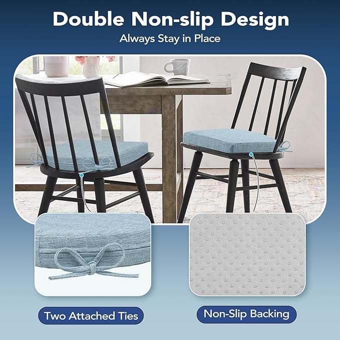 Chair Cushions for Dining Chairs, Non Slip Chair Pads with Ties and Washable Covers, Memory Foam Kitchen Chair Cushions Set of 4, 16"X16"X2.5", Light Blue
