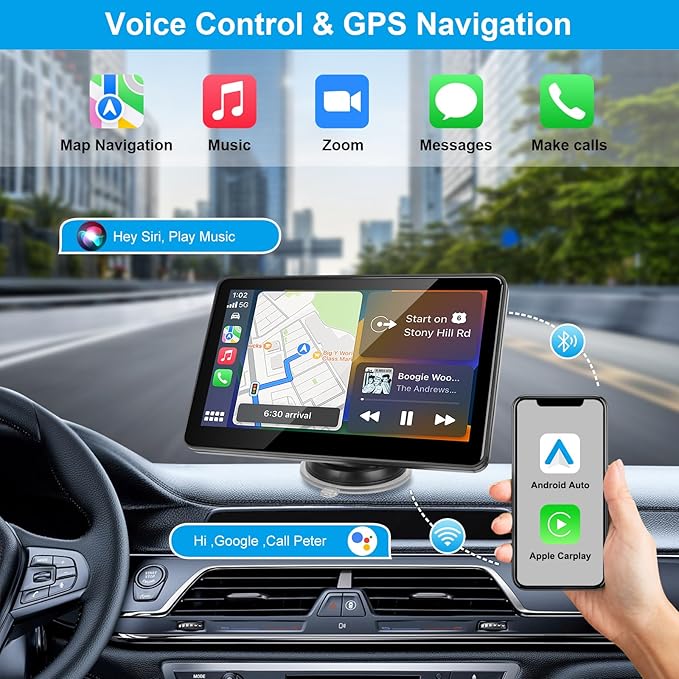 Portable Wireless CarPlay Screen for Car, 7" HD Touch Screen for Car with CarPlay and Android Auto, Pantalla para Carros with Bluetooth/AUX/FM Transmitter/Voice Control/Navigation for All Vehicles