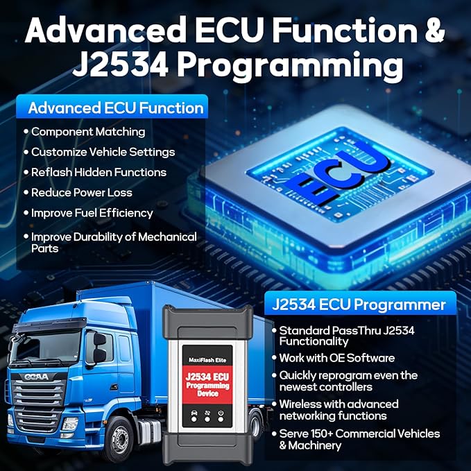 Autel MaxiSys MS908CV II Heavy Duty Truck Scanner, J2534 ECU Programming Tool, Upgraded from MS908CV, 64+ Services, All System Diagnostics, Class 1–9 Vehicles, Commercial & Semi Truck Scan Tool