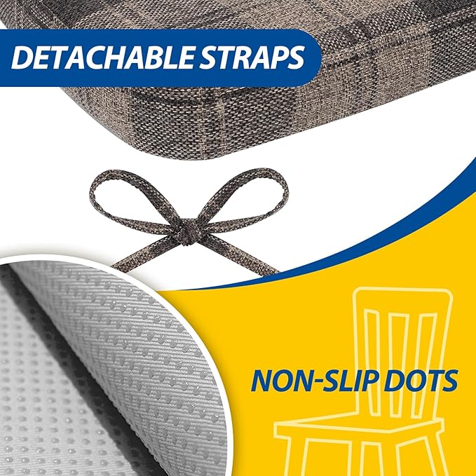 AAAAAcessories D-Shaped Chair Cushions, 2" Thick Dining Chair Pads with Ties and Removable, Machine-Washable Cover, 17" x 16", Set of 6, Brown Checkered
