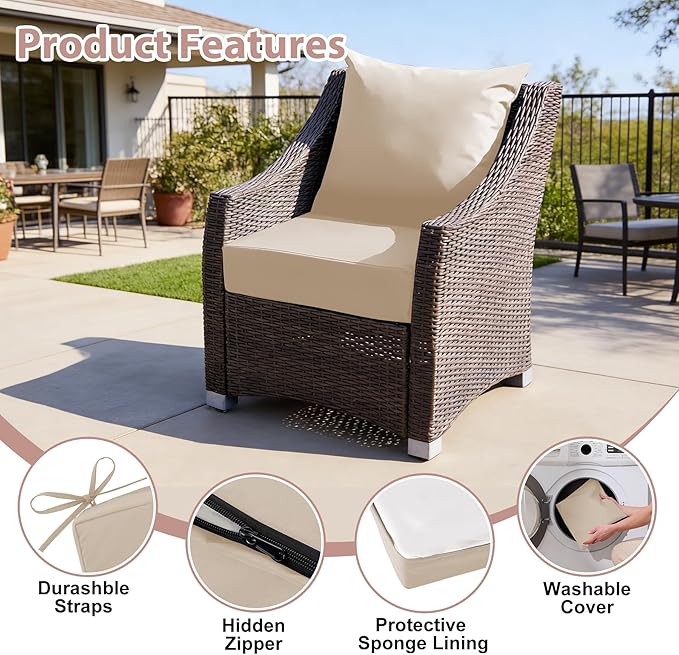 Outdoor Deep Seat Cushion Set, 24x24 Inch Water-Resistant & Fade-Resistant Outdoor Chair Cushions, Patio Furniture Cushions with Removable Cover for Patio Chair, Sofa, Beige (Set of 6)