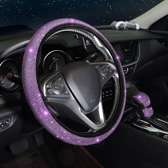 Steering Wheel Cover Set for Women Girl,7 Pack Crystal Diamond Rhinestone Purple Bling Car Accessories, Seat Belt Cover, Gear Shift Cover, Car Bling Ring, Cup Holder Coasters, Purple