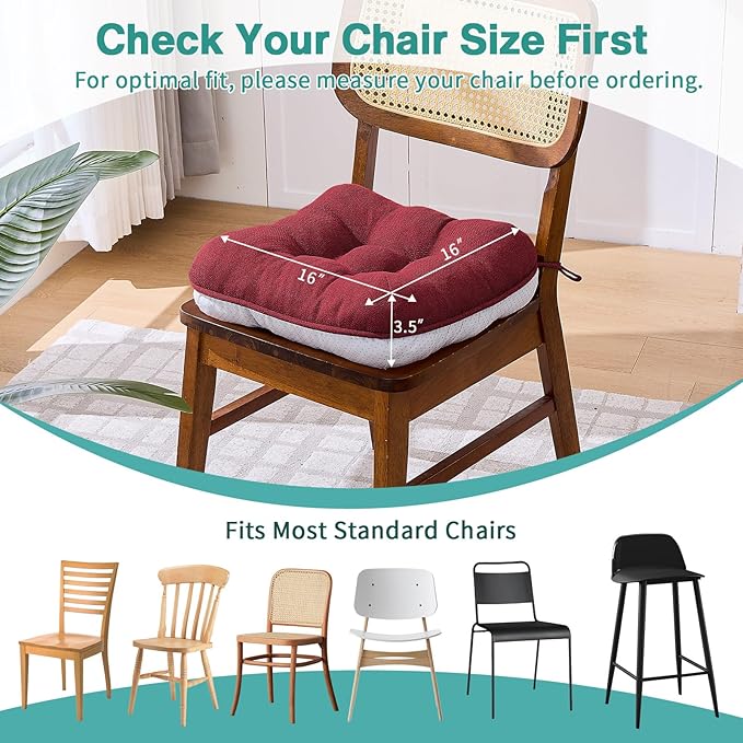 BETU Chair Cushions for Dining Chairs Set of 4, Thick Kitchen Table Chair Pads with Ties,Non Slip Backing and Covers, Seat Cushion for Dining Room,Bar,Patio Chairs,15.5"X15.5"X3.5" Red