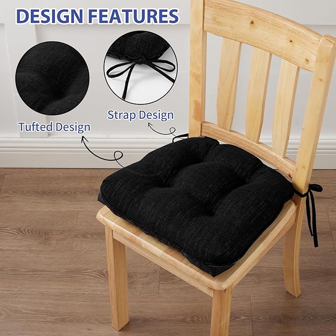 IPYNBAP Chair Cushions for Dining Chairs Set of 6, Kitchen Chair Cushions, Chair Pads with Ties and Non Slip Backing, Tufted Memory Foam Seat Cushion 6 Pack, 15.5" x 15.5" x 4", Black