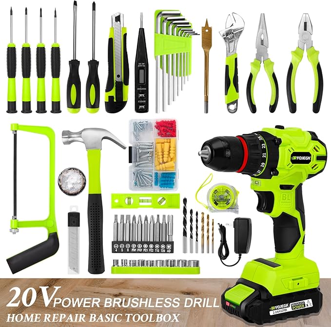 RYOJEGK Home Tool Set with Brushless Drill, 20V 119PCS Cordless Drill Tool Box with Battery, Tool Kit with Drill for Men & Woman, 24+1 Keyless Metal Chuck Brushless Drill Set for Household Repair Kit