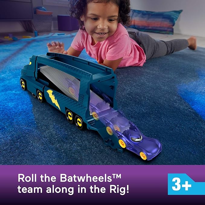 Fisher-Price DC Batwheels Toy Hauler and Car, Bat-Big Rig with Ramp and Bam The Batmobile 1:55 Scale Diecast Toy Vehicle, Ages 3+ Years