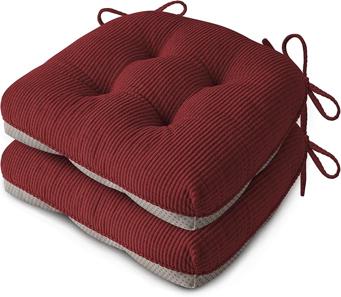 Indoor Kitchen Chair Cushions Set of 2 18"X16.5"X3" Soft Anti Slip Dining Chair Pads Tufted Kitchen Seat Cushion with Ties, Red