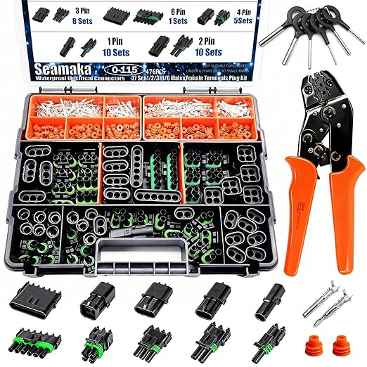 476Pcs 37 Kits Waterproof Automotive Electrical Connectors 1/2/3/4/6 Male&Female Automotive Replacement Electrical Accessories 22-14AWG with Ratchet Crimping Tool