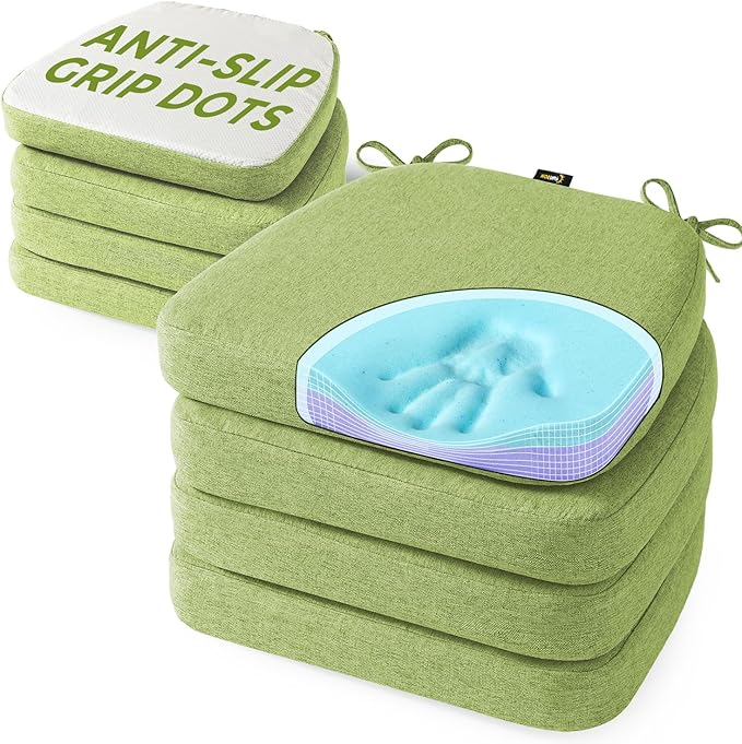 SUNROX Cooling Gel Memory Foam Chair Cushions, 2.6" Thick U-Shaped Dual-Layer Comfort Dining Chair Pads, Non Slip Seat Cushion with Ties for Indoor Kitchen Office 17"x16" Set of 8, Apple Green