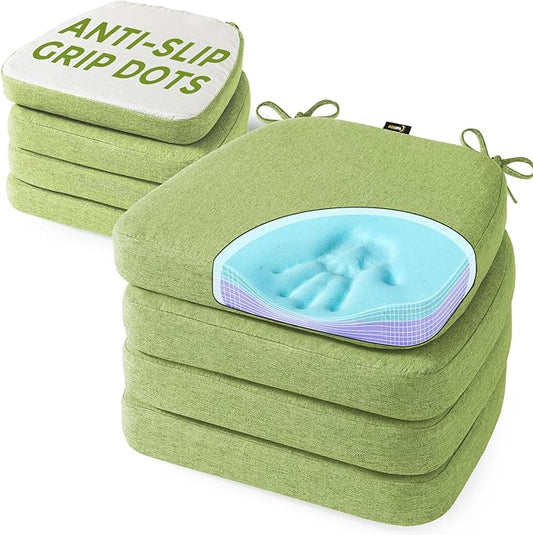 SUNROX Cooling Gel Memory Foam Chair Cushions, 2.6" Thick U-Shaped Dual-Layer Comfort Dining Chair Pads, Non Slip Seat Cushion with Ties for Indoor Kitchen Office 17"x16" Set of 8, Apple Green