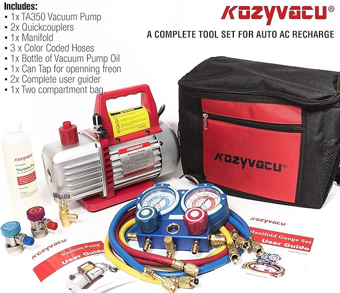 AUTO AC Repair Complete Tool Kit with 1-Stage 3.5 CFM Vacuum Pump, Manifold Gauge Set, Hoses and its Acccessories
