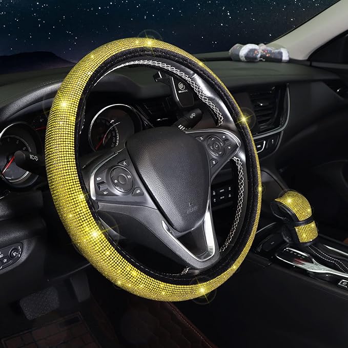 Steering Wheel Cover Set 15 inch,7 Pack Crystal Rhinestone Diamond Yellow Bling Car Accessories Set,Seat Belt Cover,Bling Gear Shift Cover,Puch Start Ring,Car Cup Coaster,Yellow