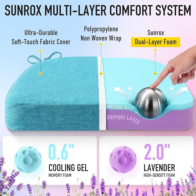 SUNROX Cooling Gel Memory Foam Chair Cushions, 2.6" Thick U-Shaped Dual-Layer Comfort Dining Chair Pads, Non Slip Seat Cushion with Ties for Indoor Kitchen Office 17"x16" Set of 8, Turquoise