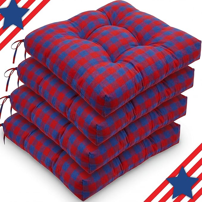 Geetery 4 Pack Chair Cushions for Dining Chairs, 16" x 15" Red and Blue Kitchen Chair Cushions with Ties Buffalo Plaid Soft Comfy Seat Pads for Home Office Living Room Outdoor Indoor