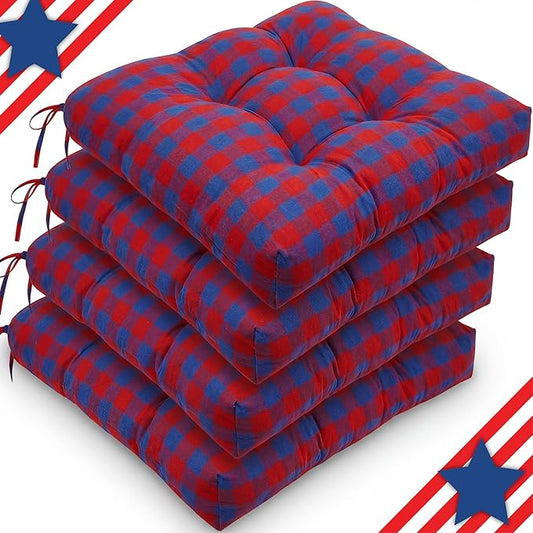 Geetery 4 Pack Chair Cushions for Dining Chairs, 16" x 15" Red and Blue Kitchen Chair Cushions with Ties Buffalo Plaid Soft Comfy Seat Pads for Home Office Living Room Outdoor Indoor