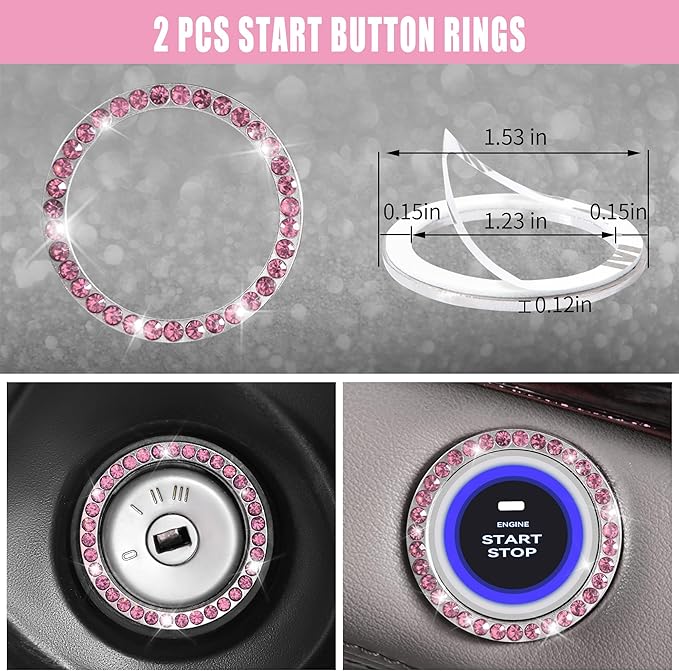 CAR PASS Bling Pink Car Accessories Set for Women, Sparkly Rhinestone Diamond Steering Wheel Cover Seat Belt Cushion Glitter Shift Knob Cover Car Cup Holder Coaster Cute Interior Sets, Pink 22 PCS