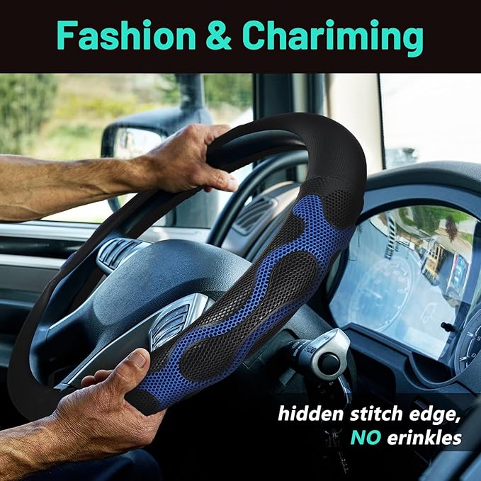 DaisyInner 15 Inch Truck Steering Wheel Cover Leather Wheel Semi-Truck Comfy Grip Cover Anti Slip Car Accessory, Fits Rv, Big Rig and Classic Car (Blue, Classic Style)