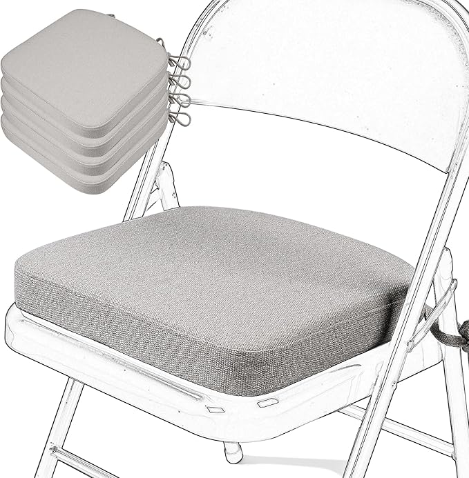 SINOSSO Memory Foam Chair Cushions for Folding Chairs 4 Pack, Thickened 2" Square Pads with Ties for Kitchen Chairs, Indoor Non-Slip Dining Chair Seat Cushions (Set of 4, Light Gray)