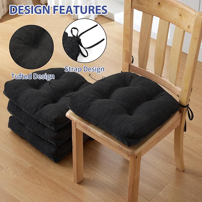 IPYNBAP Chair Cushions for Dining Chairs Set of 2, Kitchen Chair Cushions, Chair Pads with Ties and Non Slip Backing, Tufted Memory Foam Seat Cushion 2 Pack, 15.5" x 15.5" x 4", Black