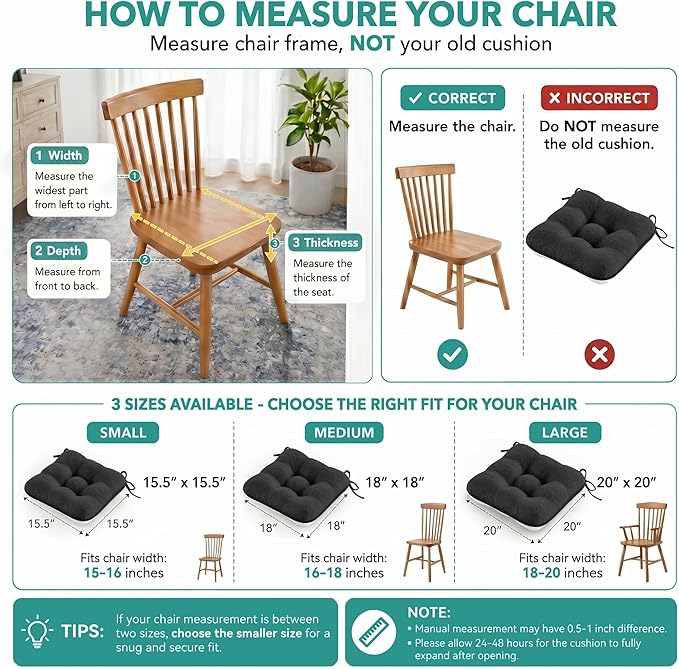 BETU Black Chair Cushions for Dining Chairs Set of 4,3.5" Thick Kitchen Table Chair Pads with Ties,Non Slip Backing and Covers,Seat Cushion for Dining Room,Bar,Patio Chairs,15.5"X15.5"X3.5",Black
