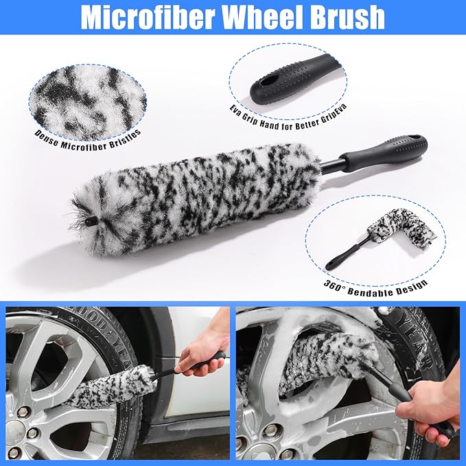Car Detailing Kit, Car Detailing Brush Set with Vacuum, Bendable Car Wheel Rim Cleaner Brush Set, Car Detailing Brushes, Car Wash Cleaning Tools Kit for Interior, Exterior, Wheels, Blue