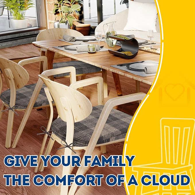 AAAAAcessories D-Shaped Chair Cushions, 2" Thick Dining Chair Pads with Ties and Removable, Machine-Washable Cover, 17" x 16", Brown Checkered
