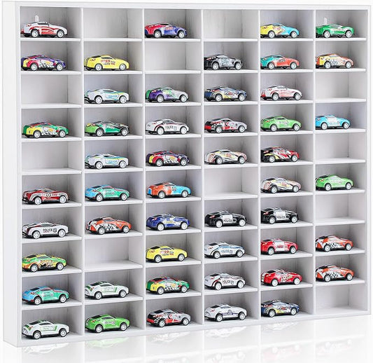 Seenelling Wooden Display Case for Hot Diecast Wheels, 60 Spaces, Wall Mount, 1/64 Scale, Toy Car Storage Display Shelf, Model Car Storage Organizer, Cabinet for Model Collectible (White,Classic)