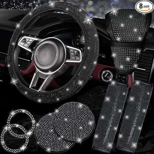 NBTEPEM 8 pcs Bling Car Accessories Set for Women, Steering Wheel Cover, Sparkly Seat Belt Covers, Bling Gear Shift Cover, Universal Fit Most Cars (Black Diamond)