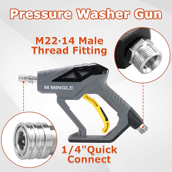 M MINGLE Pressure Washer Gun with Mini Foam Cannon, Dual Connector Accessory, Undiluted Foam Blaster with 5 Nozzle Tips, 1/4" Quick Connect for Car Wash, Patio, Deck Cleaning