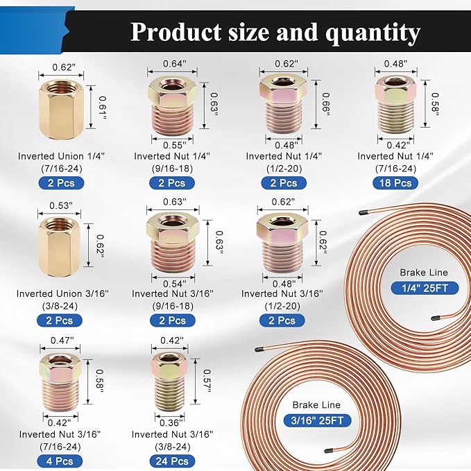 60Pcs 2 Sets 3/16 Inch & 1/4 Inch 25 FT Brake Line Tubing Kit with 58 Pcs Brake Line Fittings, Copper Coated Alloy Steel Brake Lines Kit Replacement for Hydraulic Fuel Transmission Line