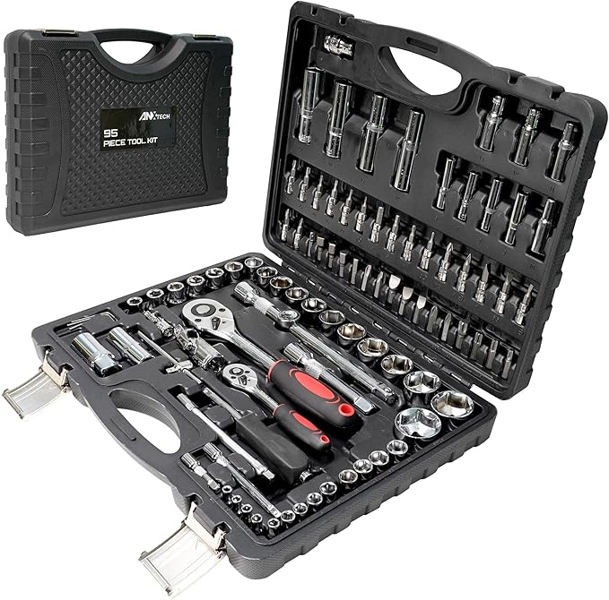 Socket Ratchet Wrench Set, 95PCS 1/2" & 1/4" Socket Set, Mechanics Tool Set Metric, Deep & Shallow Socket Set with Universal Joint, Automotive Tool Kit with Case for Car, Motorcycle, Home Repair