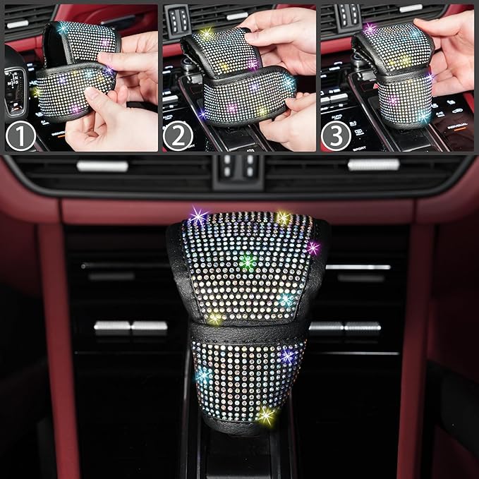 NBTEPEM 8 pcs Bling Car Accessories Set for Women, Steering Wheel Cover, Sparkly Seat Belt Covers, Bling Gear Shift Cover, Universal Fit Most Cars (Multicolor Diamond)