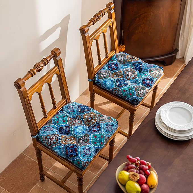 vctops Boho Geometric Chair Cushions with Ties U-Shaped Soft Cozy Cotton Linen Chair Pads Non Slip Seat Cushions for Indoor Dining Room and Kitchen Chairs (Blue,18"x18")