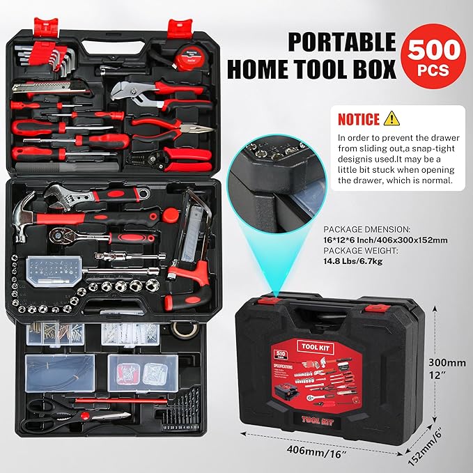 500-Piece Home Repair Tool Set with Drawer Toolbox – Comprehensive Household & Auto Maintenance Kit for DIY Enthusiasts, Homeowner, Handyman (500 PCS Black+Red)