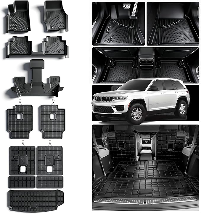 Floor Mats for 2021-2025 2026 Jeep Grand Cherokee L 6 Seats (2nd Row Bucket Seats) & Cargo Mat & Backrest Mat,TPE All Weather Protection Car Mats 2nd & 3rd Covering The Backrest Accessories
