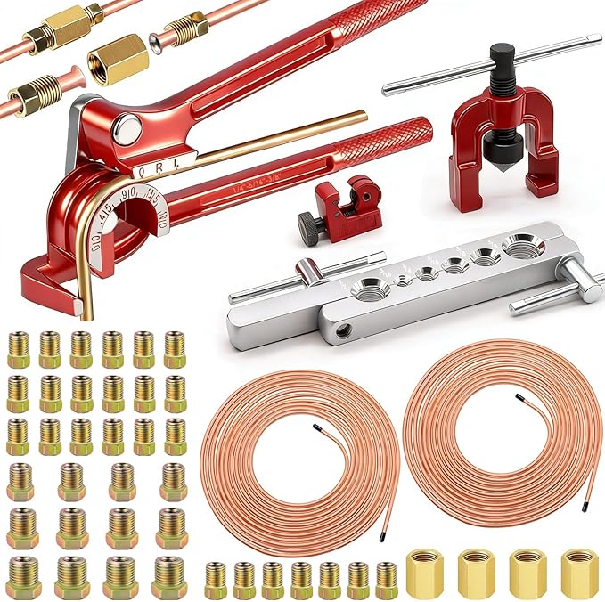 smseace 55Pack 3/16 Inch+1/4 Inch Brake line kit Include 25 FT Copper-Plated Brake Lines with Fitting(32pcs Fittings,4pcs Union+8pcs Nut) Brake line Bender,Single Flare Tool,Cutter Brake line kit