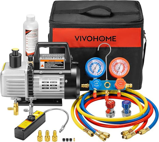 VIVOHOME 110V 1/3 HP 4CFM Single Stage Rotary Vane Air Vacuum Pump and AC Manifold Gauge Set Kit with Leak Detector for R134a R12 R22 R502 R410a HVAC Air Conditioning Refrigeration Recharging, Black