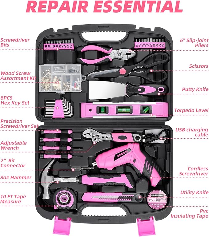 URASISTO Pink Household Tool Set with 3.6V USB Electric Screwdriver, 136 PCS Home Tool Kit with Cordless Lithium-ion Drill Driver, Hand Tool Kits for Women