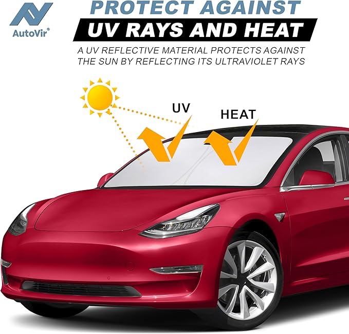 Windshield Sun Shade for Tesla Model 3 and Y - Size (56" x 36"), Premium 280T Reflective Sunshade, Heat Shield, UV Protection Foldable Front Window Sunshade with Storage Pouch, Tesla Car Accessories