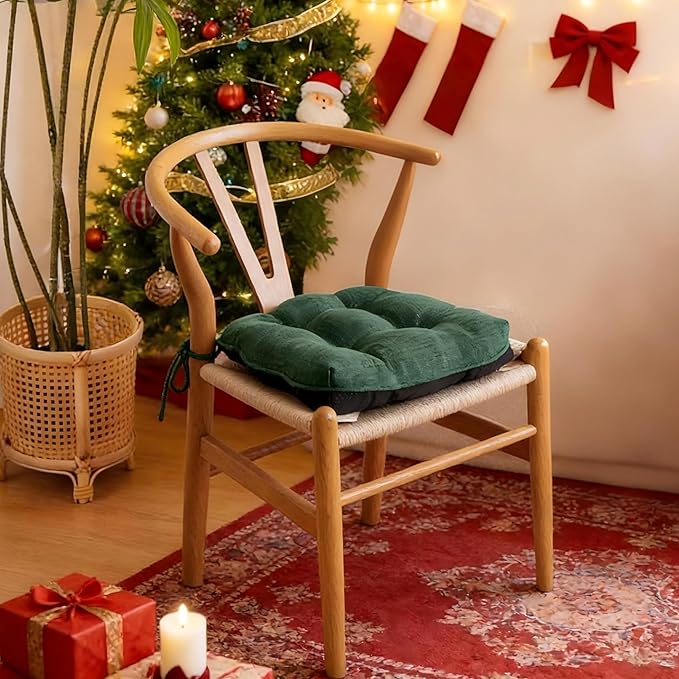 IPYNBAP Chair Cushions for Dining Chairs Set of 4, Kitchen Chair Cushions, Chair Pads with Ties Non Slip Backing, Christmas Room Decor, Tufted Memory Foam Seat Cushion 4 Pack, 15.5x15.5x4, Dark Green