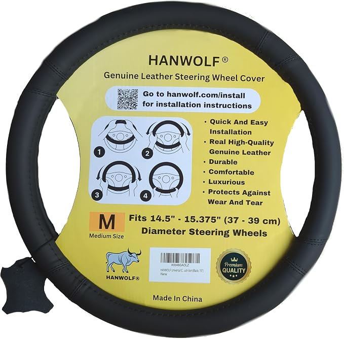 Steering Wheel Cover, Black, Real Genuine Leather, 15 inch, for Men and Women, Universal, Stretch On, Heat Resistant, Stays Cool, Non-Slip, HANWOLF