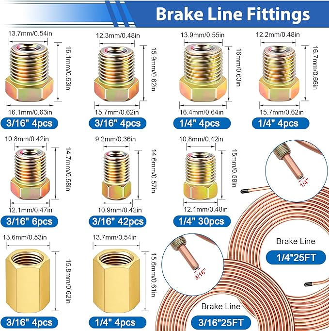 smseace 112Pack 3/16 Inch+1/4 Inch Double & Single Brake Line Flaring Tool Kit include 25 FT Copper-plated Brake Lines with Fittings,Union,Tubing Bender,Flare Tool,Cutter Brake Line Repair Kit