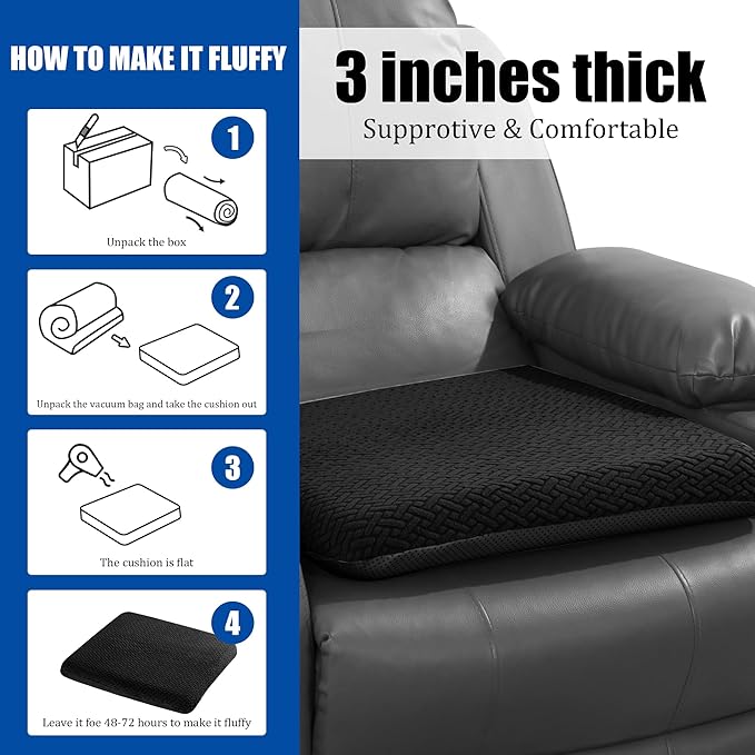 HOMBYS Tufted Furry Recliner Seat Cushion for Elderly Foam Curved Edge Large Square Seat Cushion for Office Chair, Car, Floor Pillow, No Pressure on Thighs (Black)