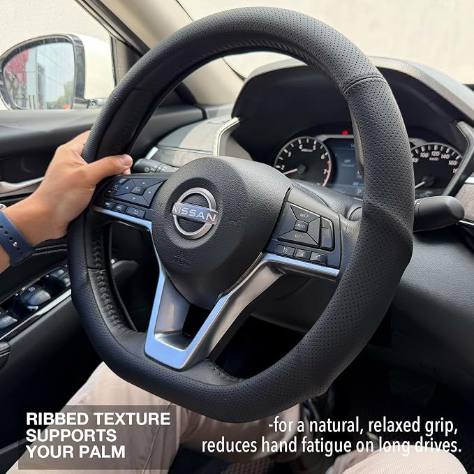PINCTROT D Shaped Nappa Leather Steering Wheel Cover with Ergonomic Palm Support Grip, Full Perforated Breathable, Slim Fit No Bulk Design, Flat Bottom 14.5-15 Inch (Black)