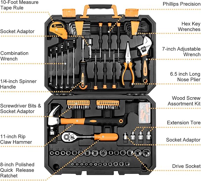 DEKOPRO 128 Piece Tool Set-General Household Hand Tool Kit, Auto Repair Tool Set, with Plastic Toolbox Storage Case