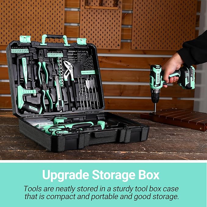 Drill Tool Kit Set: 20V Cordless Power Drill Tool Box with Battery Electric Drill Driver for Men Home Hand Repair Basic Toolbox Tools Sets Drills Case, Turquoise