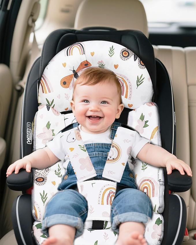 BOMOLOUR Infant Insert, Enlarged Head Support for Baby, Reversible Newborn Insert with 3 Strap Covers, 2-in-1 Baby Cushion for Stroller, Swing, Bouncer, Rocker - Brown Rainbow